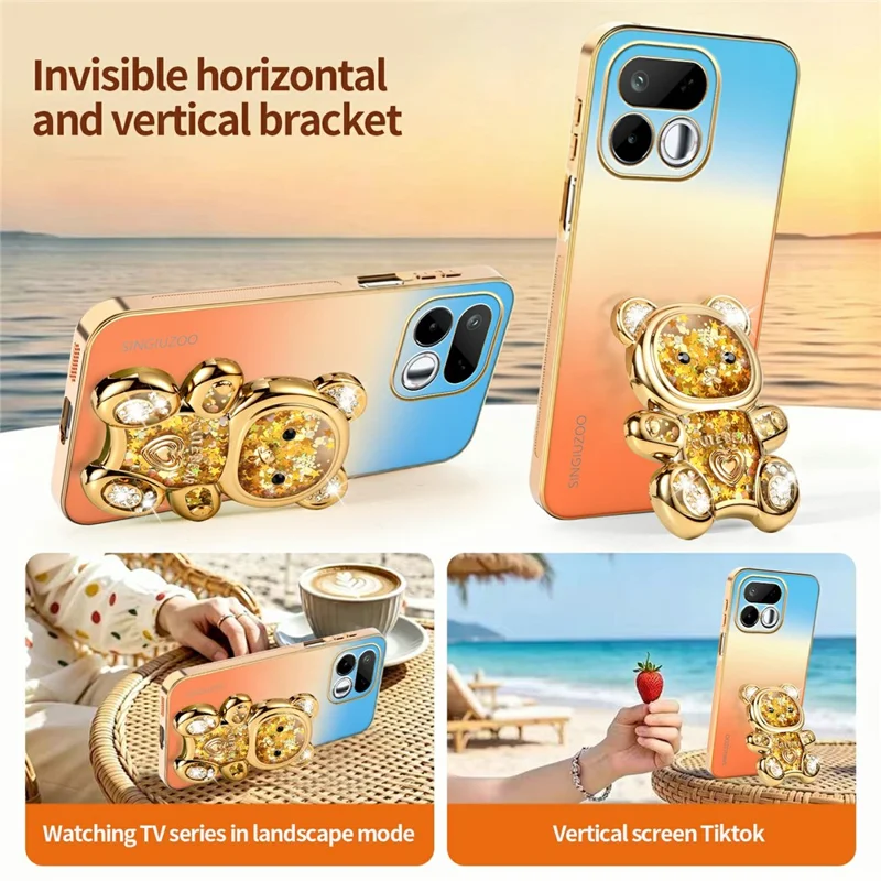 SINGIUZOO For Realme 16T 5G Case Glitter Bear Kickstand Electroplated Gradient Color PC + TPU Phone Cover - Orange
