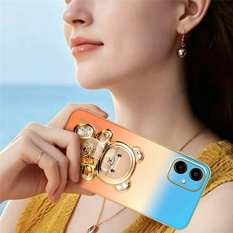 SINGIUZOO For Samsung Galaxy A06 4G Case Glitter Bear Kickstand Electroplated Gradient Color PC + TPU Phone Cover - Orange
