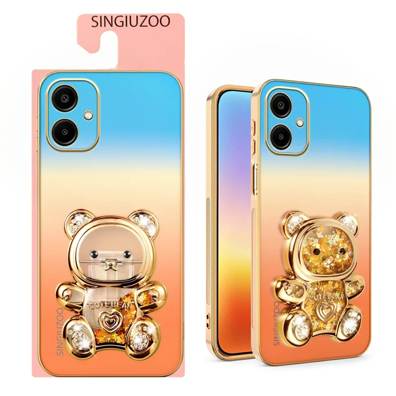 SINGIUZOO For Samsung Galaxy A06 4G Case Glitter Bear Kickstand Electroplated Gradient Color PC + TPU Phone Cover - Orange