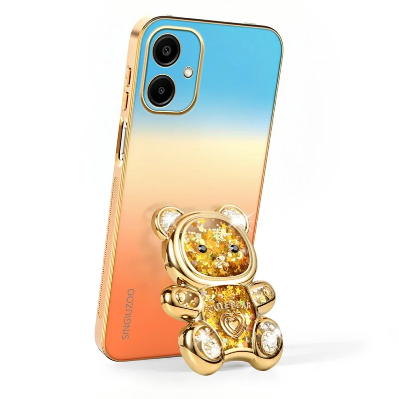 SINGIUZOO For Samsung Galaxy A06 4G Case Glitter Bear Kickstand Electroplated Gradient Color PC + TPU Phone Cover - Orange