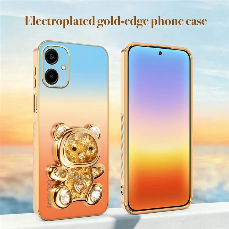 SINGIUZOO For Samsung Galaxy A06 4G Case Glitter Bear Kickstand Electroplated Gradient Color PC + TPU Phone Cover - Orange
