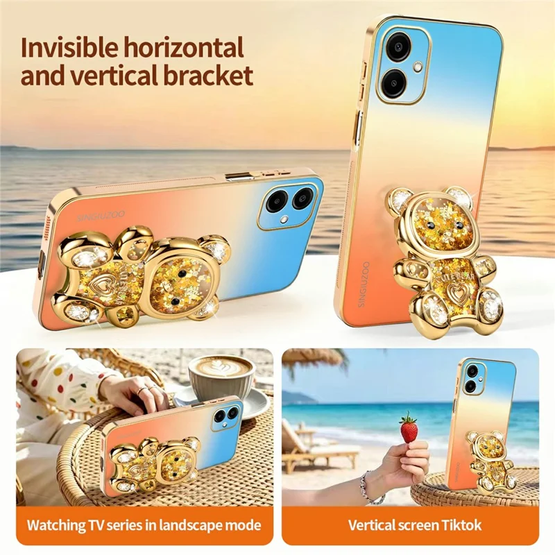 SINGIUZOO For Samsung Galaxy A06 4G Case Glitter Bear Kickstand Electroplated Gradient Color PC + TPU Phone Cover - Orange