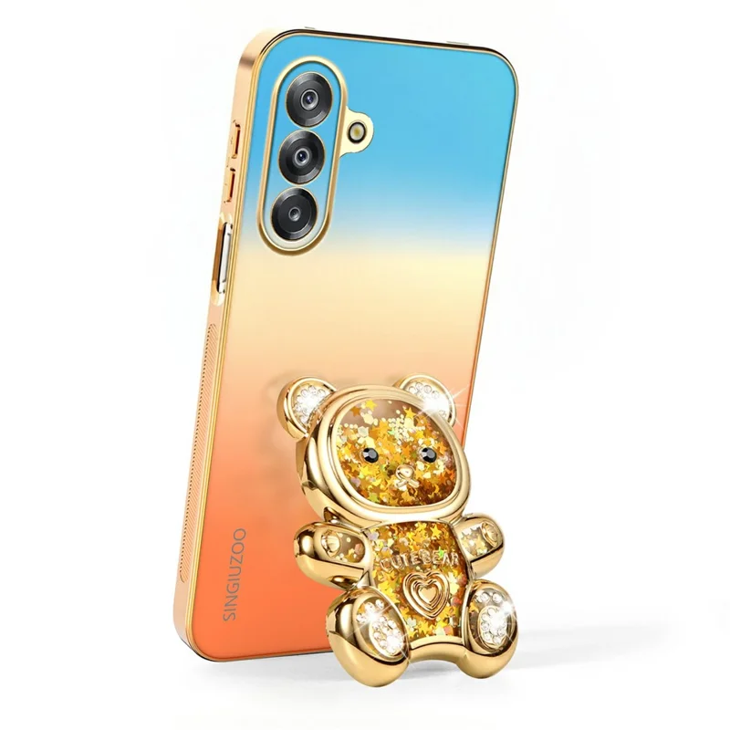 SINGIUZOO For Samsung Galaxy A26 5G Case Glitter Bear Kickstand Electroplated Gradient Color PC + TPU Phone Cover - Orange