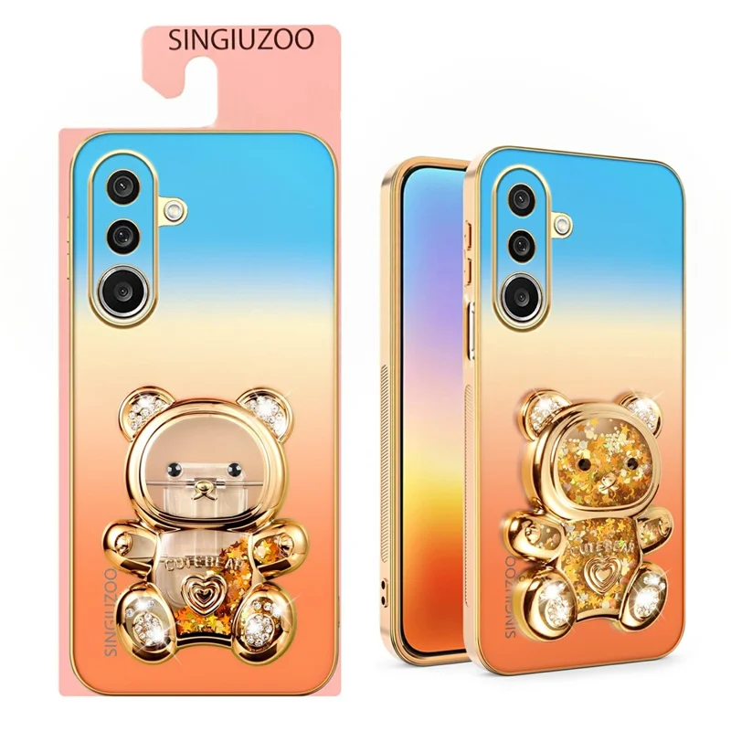 SINGIUZOO For Samsung Galaxy A27 5G Case Glitter Bear Kickstand Electroplated Gradient Color PC + TPU Phone Cover - Orange
