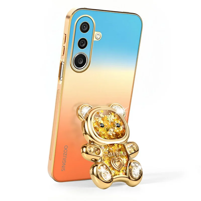 SINGIUZOO For Samsung Galaxy A27 5G Case Glitter Bear Kickstand Electroplated Gradient Color PC + TPU Phone Cover - Orange