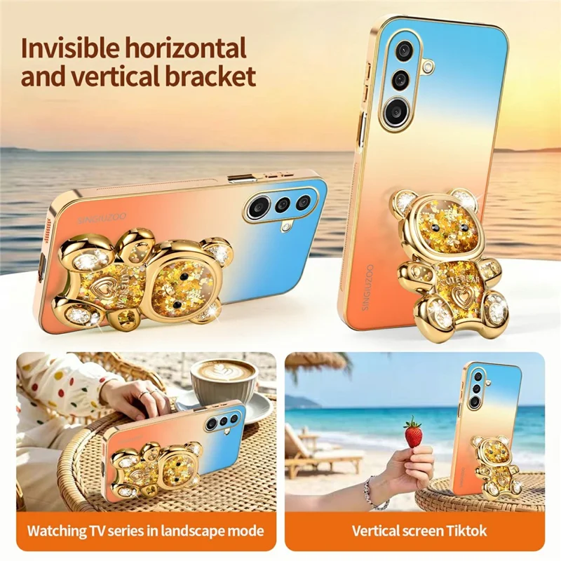SINGIUZOO For Samsung Galaxy A27 5G Case Glitter Bear Kickstand Electroplated Gradient Color PC + TPU Phone Cover - Orange