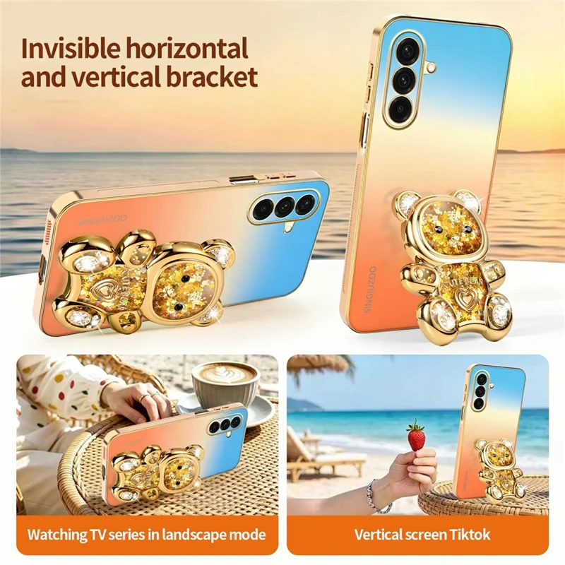 SINGIUZOO For Samsung Galaxy A36 5G Case Glitter Bear Kickstand Electroplated Gradient Color PC + TPU Phone Cover - Orange