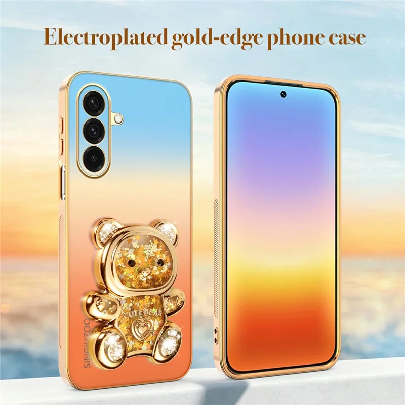 SINGIUZOO For Samsung Galaxy A37 5G Case Glitter Bear Kickstand Electroplated Gradient Color PC + TPU Phone Cover - Orange