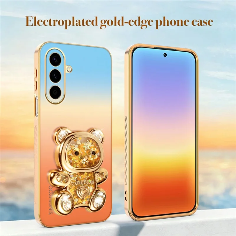 SINGIUZOO For Samsung Galaxy A56 5G Case Glitter Bear Kickstand Electroplated Gradient Color PC + TPU Phone Cover - Orange