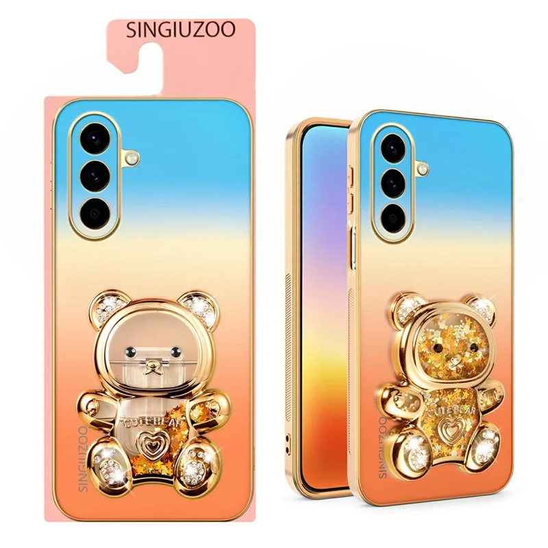 SINGIUZOO For Samsung Galaxy A57 5G Case Glitter Bear Kickstand Electroplated Gradient Color PC + TPU Phone Cover - Orange