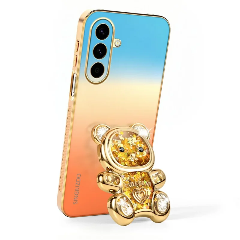 SINGIUZOO For Samsung Galaxy A57 5G Case Glitter Bear Kickstand Electroplated Gradient Color PC + TPU Phone Cover - Orange