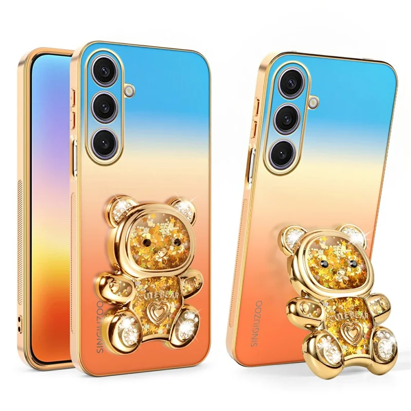 SINGIUZOO For Samsung Galaxy S25+ Case Glitter Bear Kickstand Electroplated Gradient Color PC + TPU Phone Cover - Orange