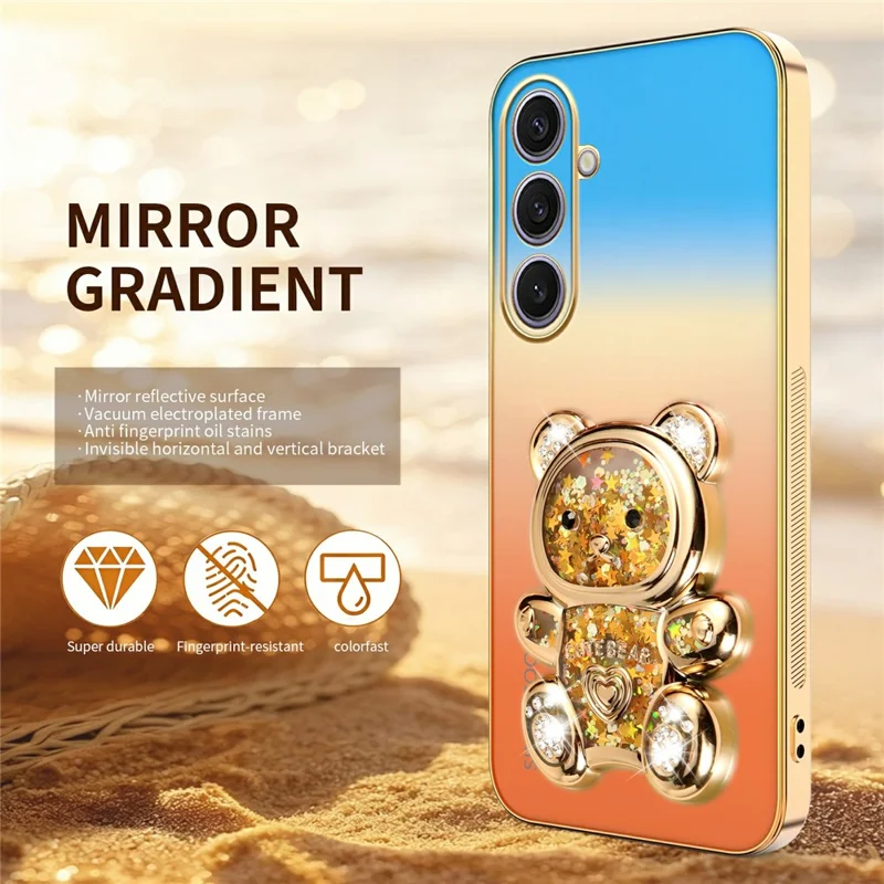 SINGIUZOO For Samsung Galaxy S25+ Case Glitter Bear Kickstand Electroplated Gradient Color PC + TPU Phone Cover - Orange