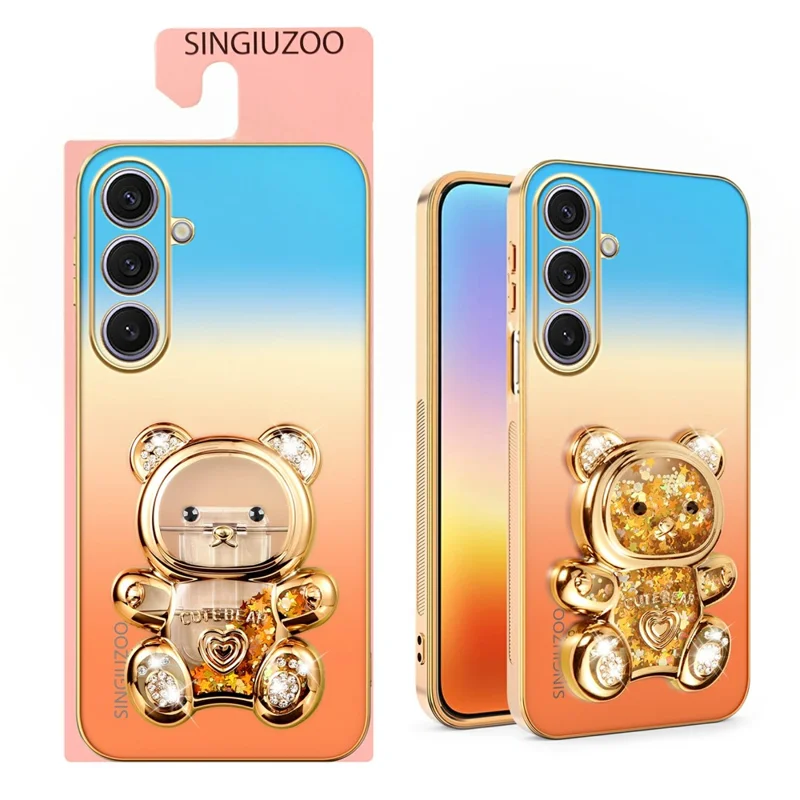 SINGIUZOO For Samsung Galaxy S25+ Case Glitter Bear Kickstand Electroplated Gradient Color PC + TPU Phone Cover - Orange