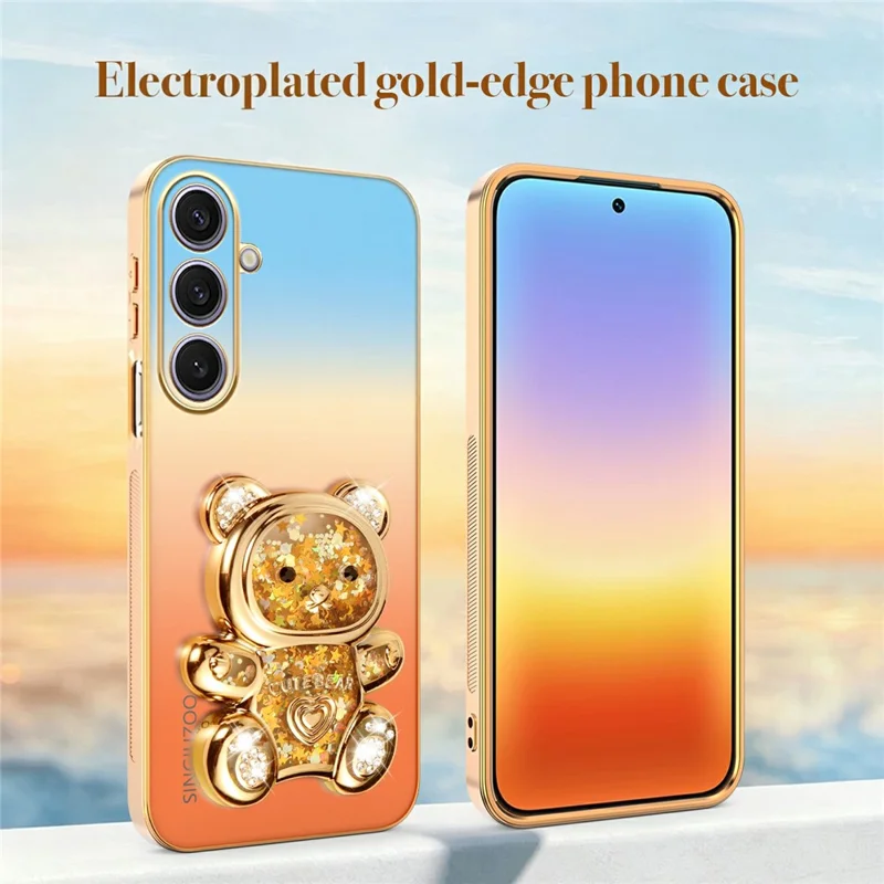 SINGIUZOO For Samsung Galaxy S25+ Case Glitter Bear Kickstand Electroplated Gradient Color PC + TPU Phone Cover - Orange