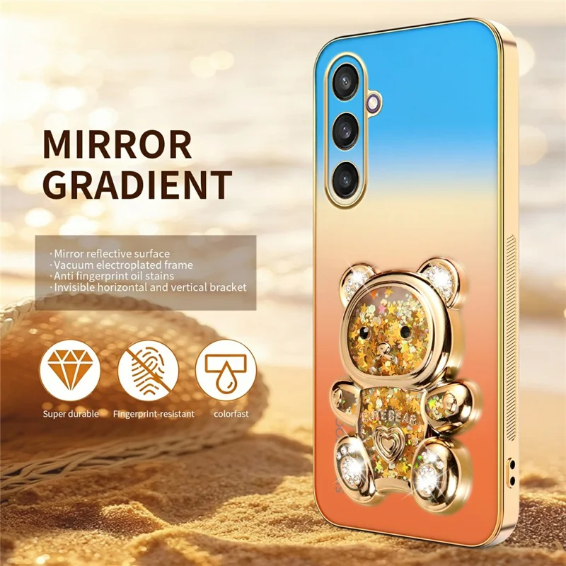 SINGIUZOO For Samsung Galaxy S25 Case Glitter Bear Kickstand Electroplated Gradient Color PC + TPU Phone Cover - Orange