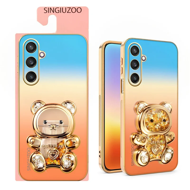 SINGIUZOO For Samsung Galaxy S25 Case Glitter Bear Kickstand Electroplated Gradient Color PC + TPU Phone Cover - Orange