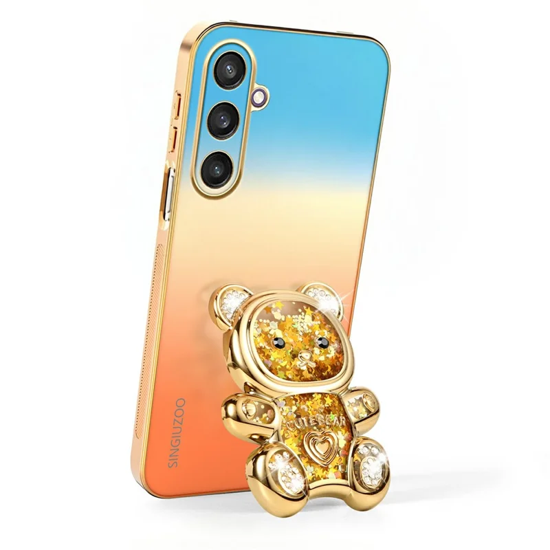 SINGIUZOO For Samsung Galaxy S25 Case Glitter Bear Kickstand Electroplated Gradient Color PC + TPU Phone Cover - Orange