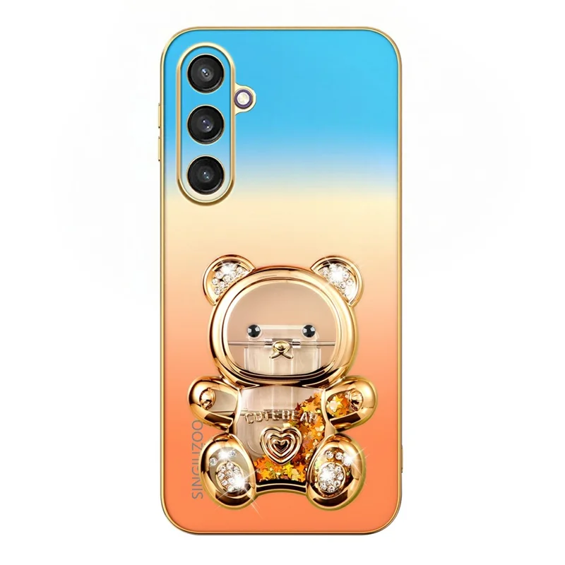 SINGIUZOO For Samsung Galaxy S25 Case Glitter Bear Kickstand Electroplated Gradient Color PC + TPU Phone Cover - Orange