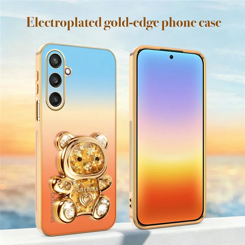 SINGIUZOO For Samsung Galaxy S25 Case Glitter Bear Kickstand Electroplated Gradient Color PC + TPU Phone Cover - Orange