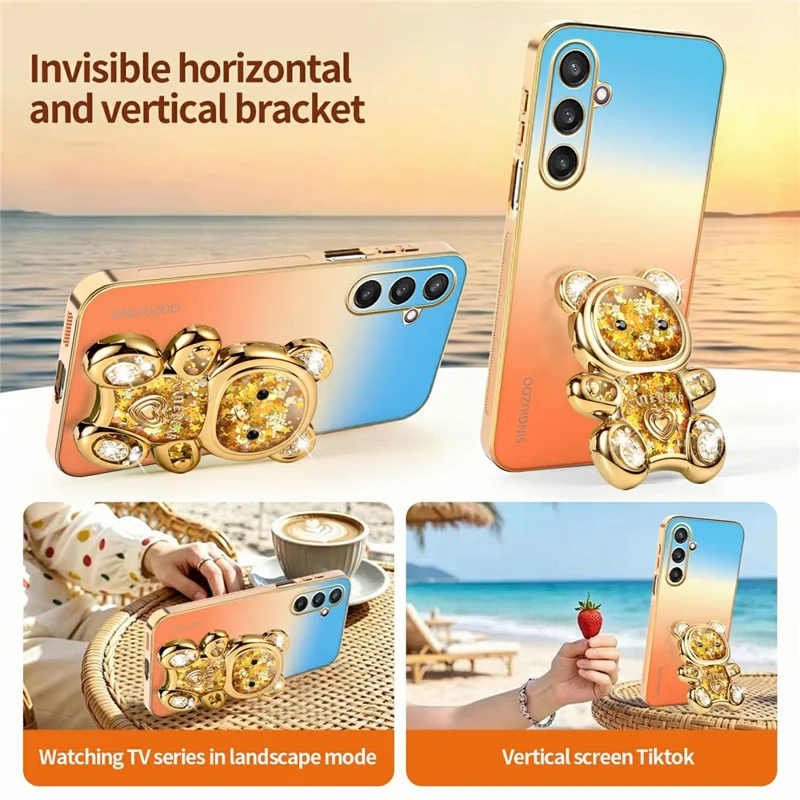 SINGIUZOO For Samsung Galaxy S25 Case Glitter Bear Kickstand Electroplated Gradient Color PC + TPU Phone Cover - Orange