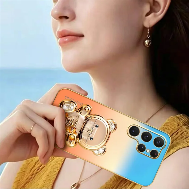 SINGIUZOO For Samsung Galaxy S25 Ultra Case Glitter Bear Kickstand Electroplated Gradient Color PC + TPU Phone Cover - Orange
