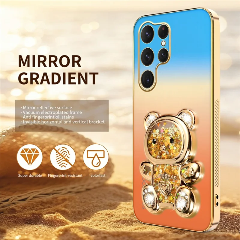 SINGIUZOO For Samsung Galaxy S25 Ultra Case Glitter Bear Kickstand Electroplated Gradient Color PC + TPU Phone Cover - Orange