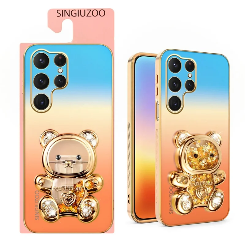 SINGIUZOO For Samsung Galaxy S25 Ultra Case Glitter Bear Kickstand Electroplated Gradient Color PC + TPU Phone Cover - Orange