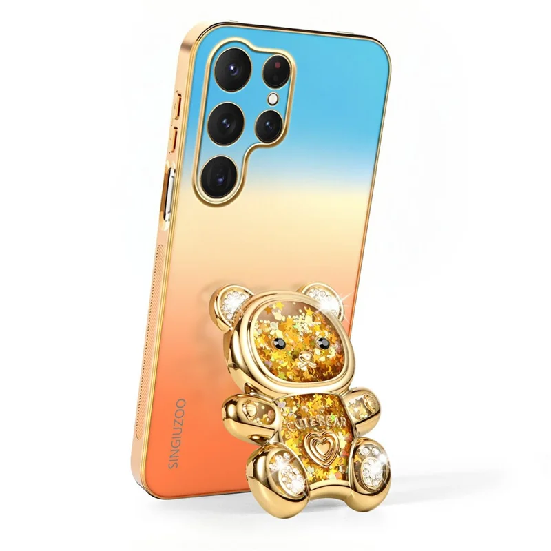 SINGIUZOO For Samsung Galaxy S25 Ultra Case Glitter Bear Kickstand Electroplated Gradient Color PC + TPU Phone Cover - Orange