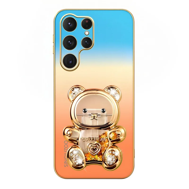 SINGIUZOO For Samsung Galaxy S25 Ultra Case Glitter Bear Kickstand Electroplated Gradient Color PC + TPU Phone Cover - Orange