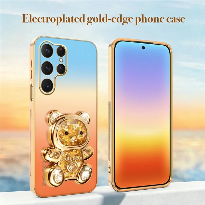 SINGIUZOO For Samsung Galaxy S25 Ultra Case Glitter Bear Kickstand Electroplated Gradient Color PC + TPU Phone Cover - Orange