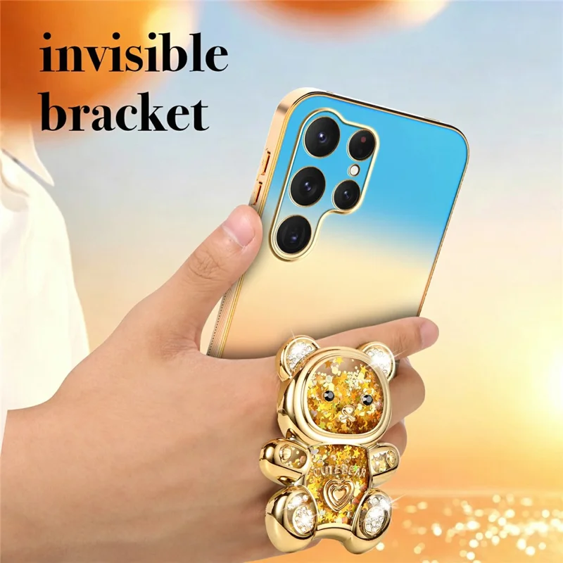 SINGIUZOO For Samsung Galaxy S25 Ultra Case Glitter Bear Kickstand Electroplated Gradient Color PC + TPU Phone Cover - Orange