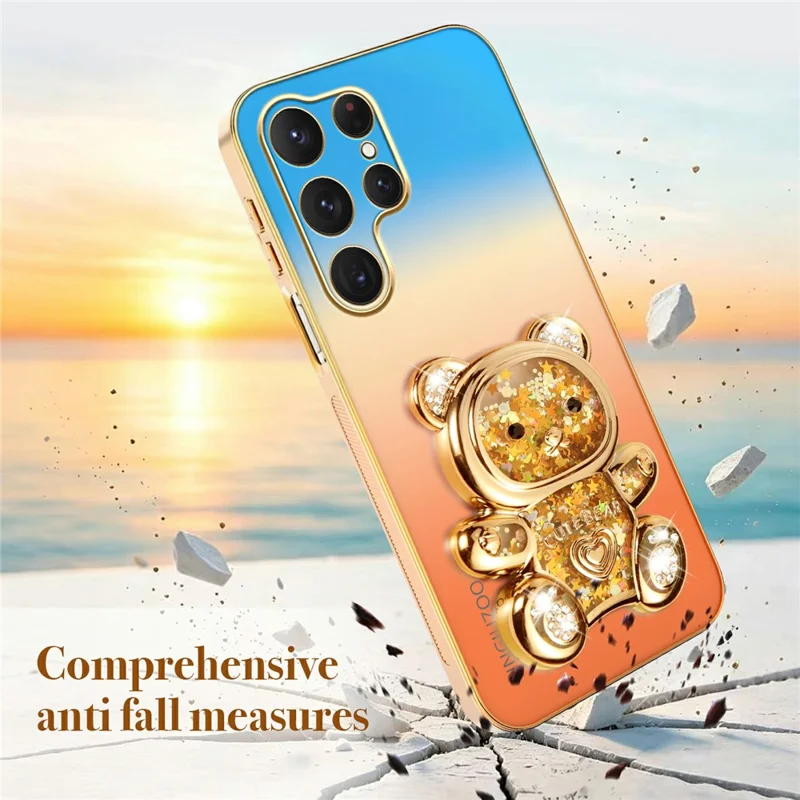 SINGIUZOO For Samsung Galaxy S25 Ultra Case Glitter Bear Kickstand Electroplated Gradient Color PC + TPU Phone Cover - Orange
