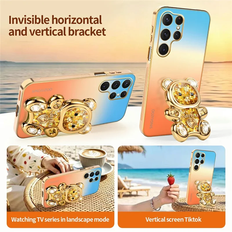 SINGIUZOO For Samsung Galaxy S25 Ultra Case Glitter Bear Kickstand Electroplated Gradient Color PC + TPU Phone Cover - Orange