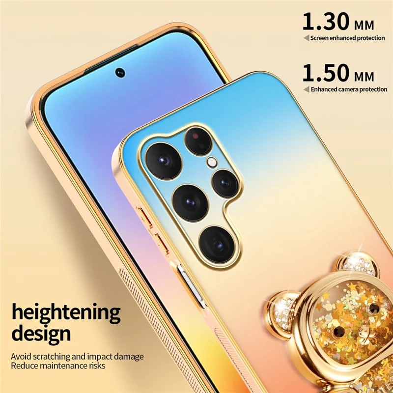 SINGIUZOO For Samsung Galaxy S25 Ultra Case Glitter Bear Kickstand Electroplated Gradient Color PC + TPU Phone Cover - Orange