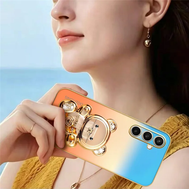 SINGIUZOO For Samsung Galaxy S25 FE Case Glitter Bear Kickstand Electroplated Gradient Color PC + TPU Phone Cover - Orange