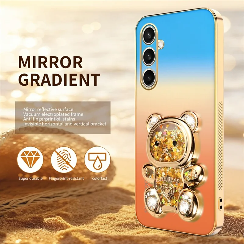 SINGIUZOO For Samsung Galaxy S25 FE Case Glitter Bear Kickstand Electroplated Gradient Color PC + TPU Phone Cover - Orange