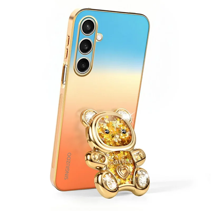 SINGIUZOO For Samsung Galaxy S25 FE Case Glitter Bear Kickstand Electroplated Gradient Color PC + TPU Phone Cover - Orange