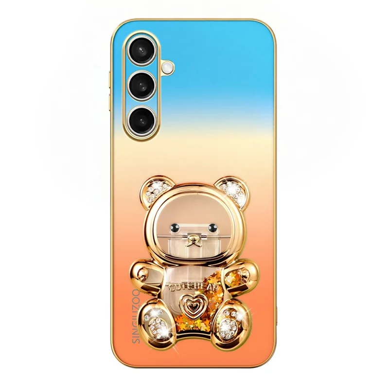 SINGIUZOO For Samsung Galaxy S25 FE Case Glitter Bear Kickstand Electroplated Gradient Color PC + TPU Phone Cover - Orange