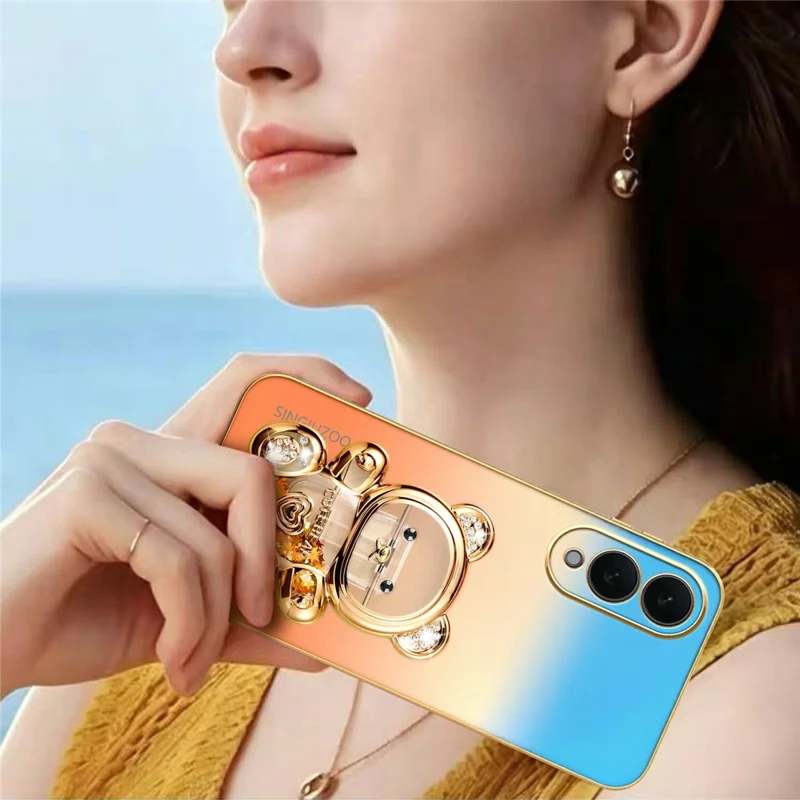 SINGIUZOO For Samsung Galaxy S25 Edge Case Glitter Bear Kickstand Electroplated Gradient Color PC + TPU Phone Cover - Orange