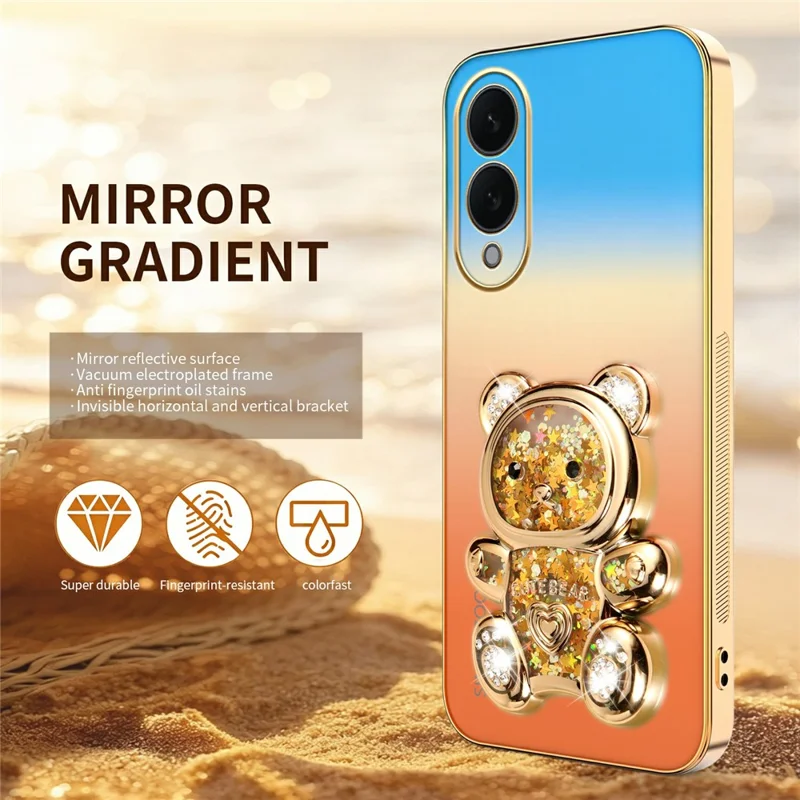 SINGIUZOO For Samsung Galaxy S25 Edge Case Glitter Bear Kickstand Electroplated Gradient Color PC + TPU Phone Cover - Orange