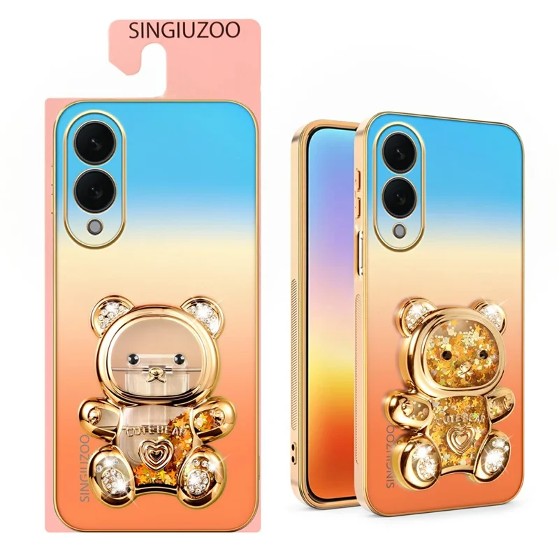 SINGIUZOO For Samsung Galaxy S25 Edge Case Glitter Bear Kickstand Electroplated Gradient Color PC + TPU Phone Cover - Orange