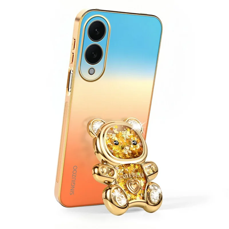 SINGIUZOO For Samsung Galaxy S25 Edge Case Glitter Bear Kickstand Electroplated Gradient Color PC + TPU Phone Cover - Orange