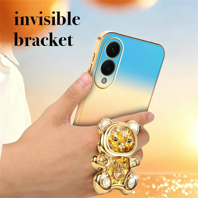 SINGIUZOO For Samsung Galaxy S25 Edge Case Glitter Bear Kickstand Electroplated Gradient Color PC + TPU Phone Cover - Orange