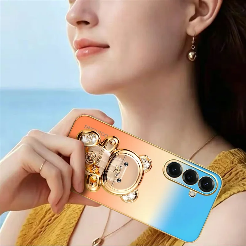 SINGIUZOO For Samsung Galaxy S26 Case Glitter Bear Kickstand Electroplated Gradient Color PC + TPU Phone Cover - Orange