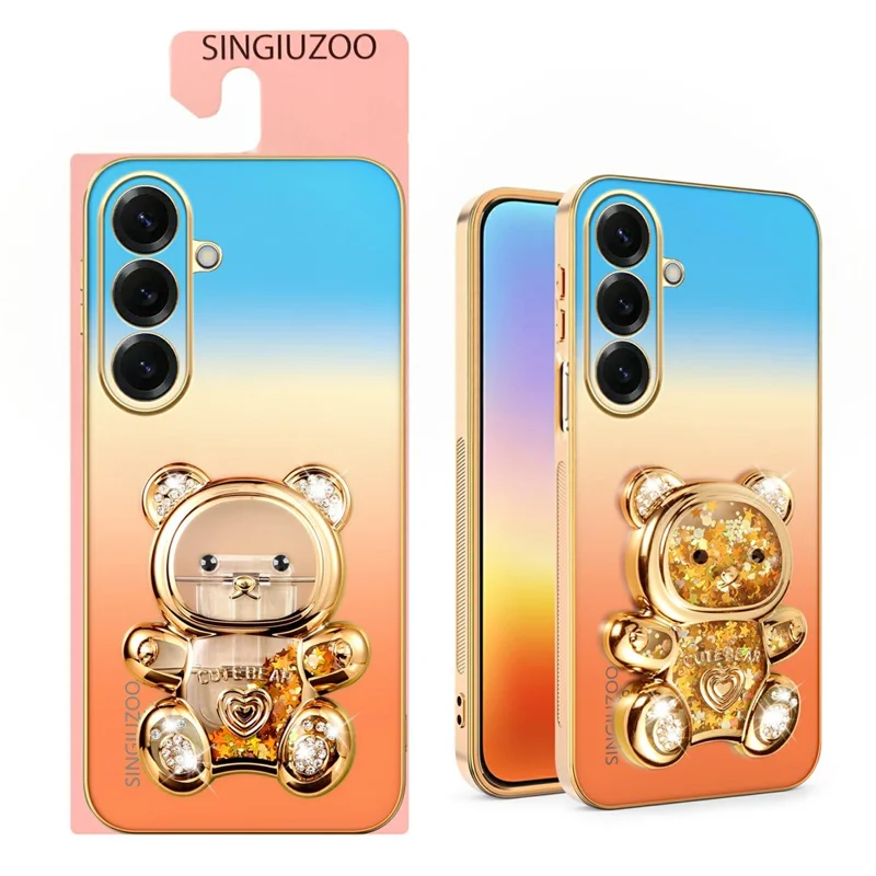 SINGIUZOO For Samsung Galaxy S26 Case Glitter Bear Kickstand Electroplated Gradient Color PC + TPU Phone Cover - Orange