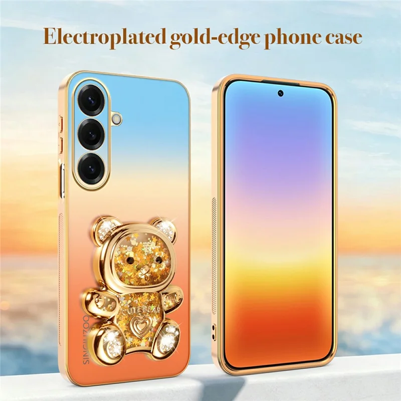 SINGIUZOO For Samsung Galaxy S26 Case Glitter Bear Kickstand Electroplated Gradient Color PC + TPU Phone Cover - Orange