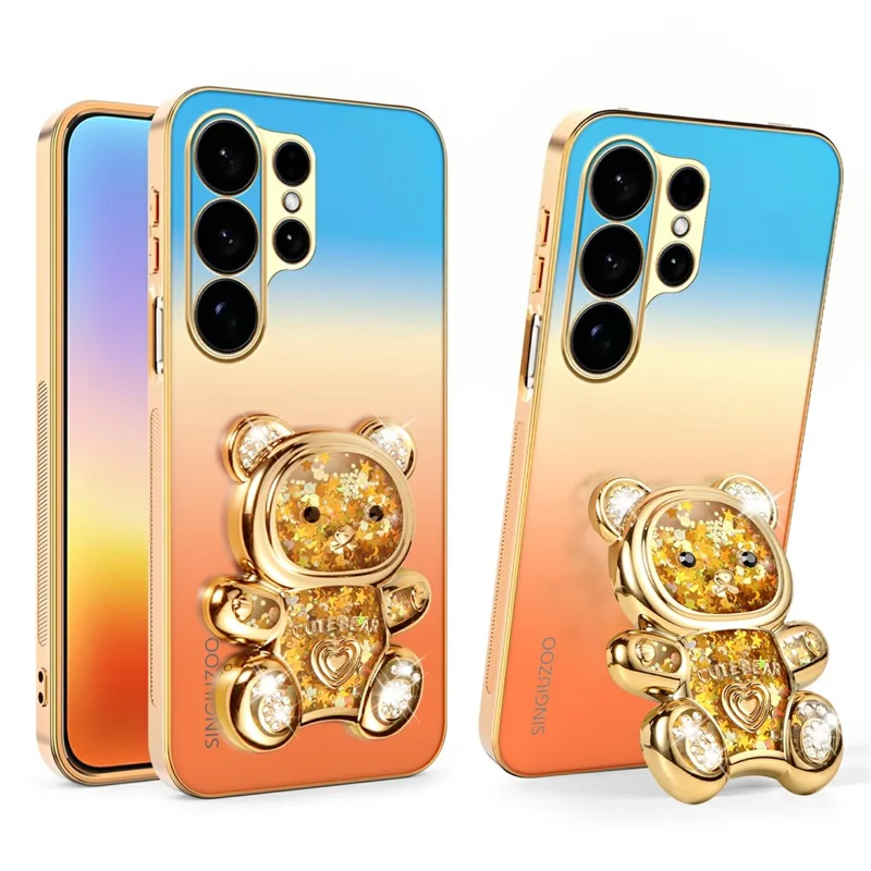 SINGIUZOO For Samsung Galaxy S26 Ultra Case Glitter Bear Kickstand Electroplated Gradient Color PC + TPU Phone Cover - Orange