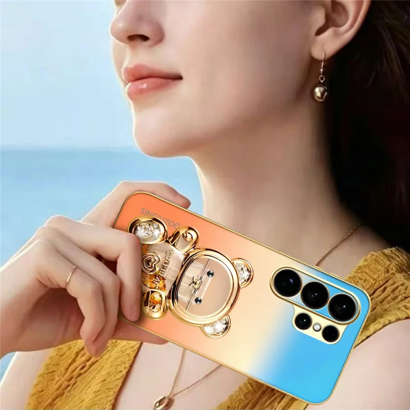 SINGIUZOO For Samsung Galaxy S26 Ultra Case Glitter Bear Kickstand Electroplated Gradient Color PC + TPU Phone Cover - Orange