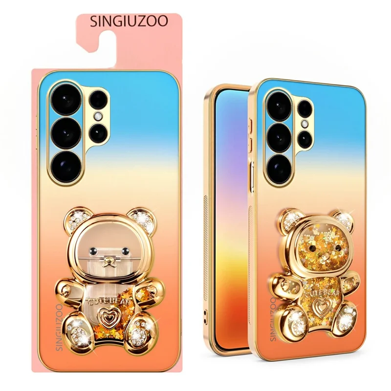 SINGIUZOO For Samsung Galaxy S26 Ultra Case Glitter Bear Kickstand Electroplated Gradient Color PC + TPU Phone Cover - Orange